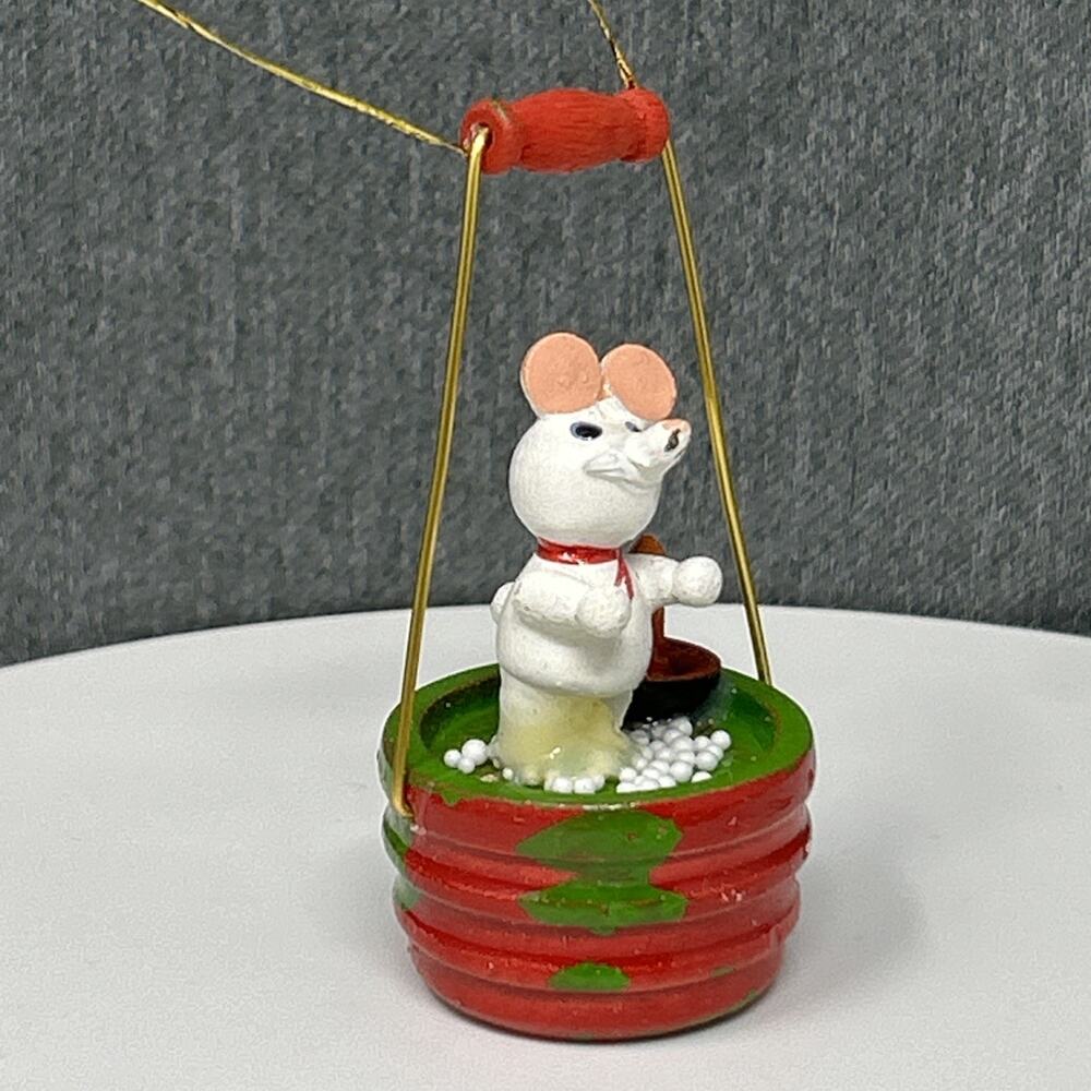 Vintage Russ Wooden Mouse Ornament Snowy Well Scene Red Scarf Christmas Holiday